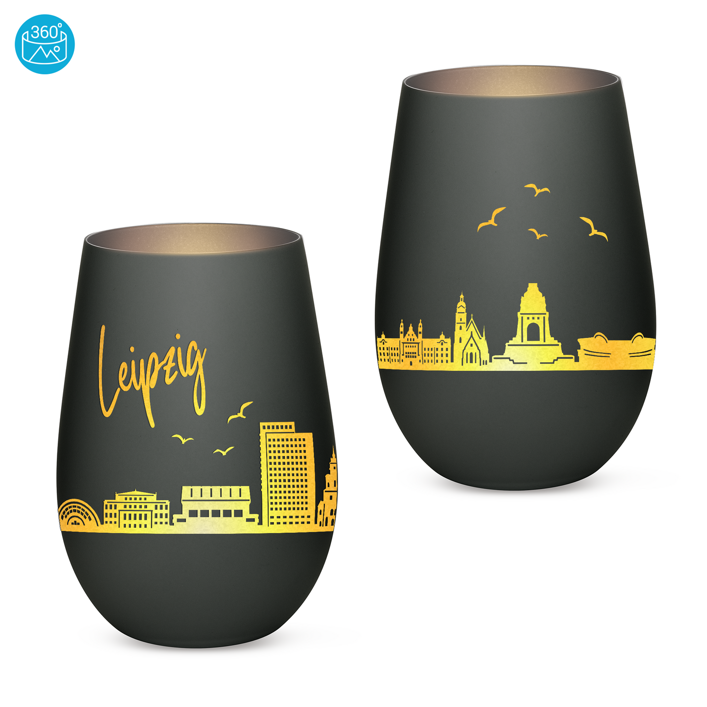 Hochwertiges Glas Windlicht mit Gravur "SKYLINE LEIPZIG" in der Farbe Schwarz/Silber