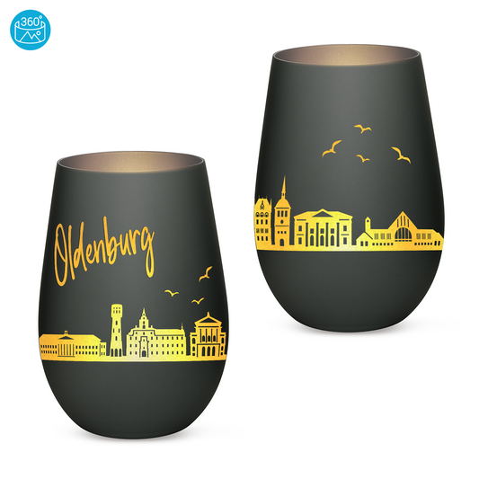 Hochwertiges Glas Windlicht mit Gravur "SKYLINE OLDENBURG" in der Farbe Schwarz/Silber