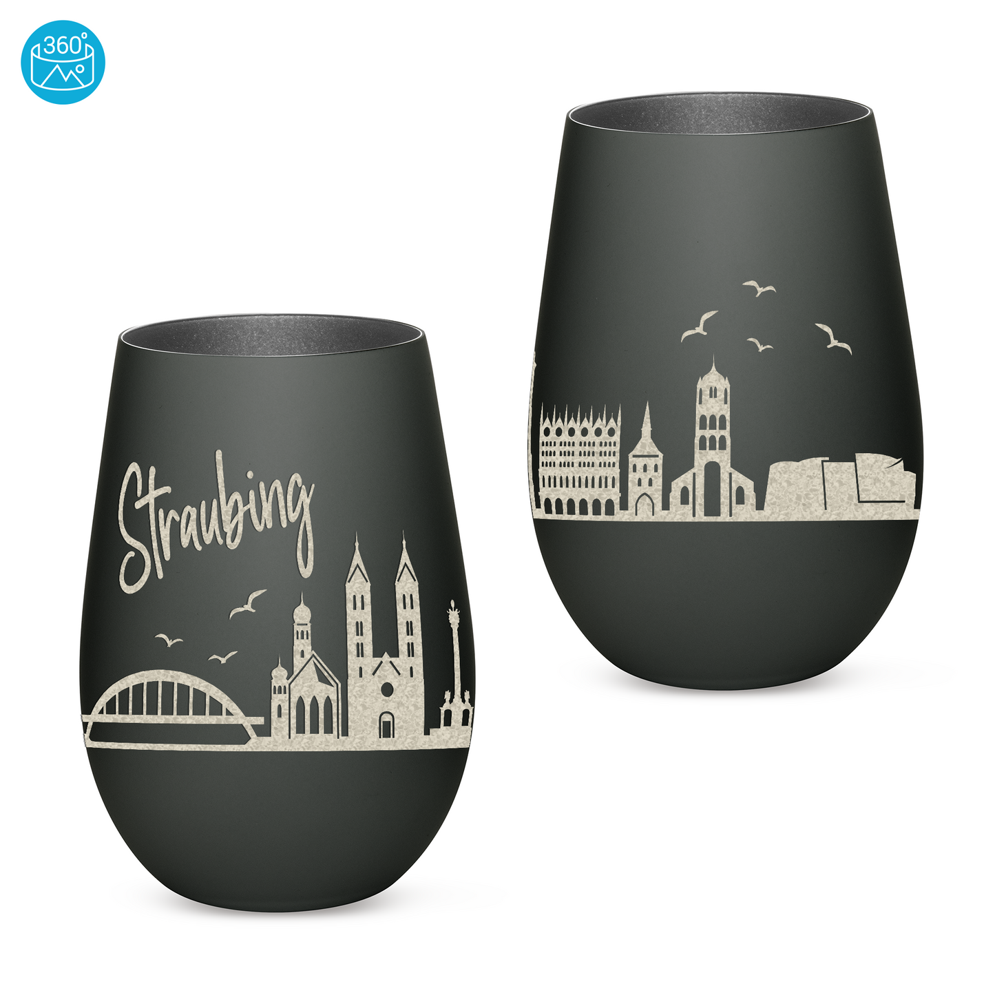 Hochwertiges Glas Windlicht mit Gravur "SKYLINE STRAUBING" in der Farbe Schwarz/Silber