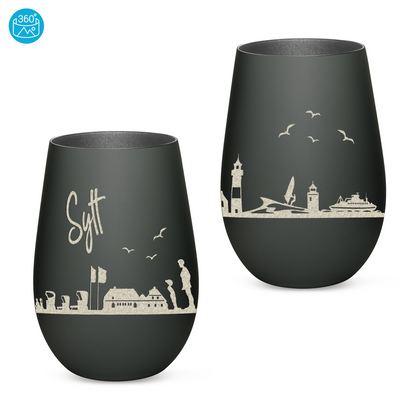 Hochwertiges Glas Windlicht mit Gravur "SKYLINE SYLT" in der Farbe Schwarz/Silber