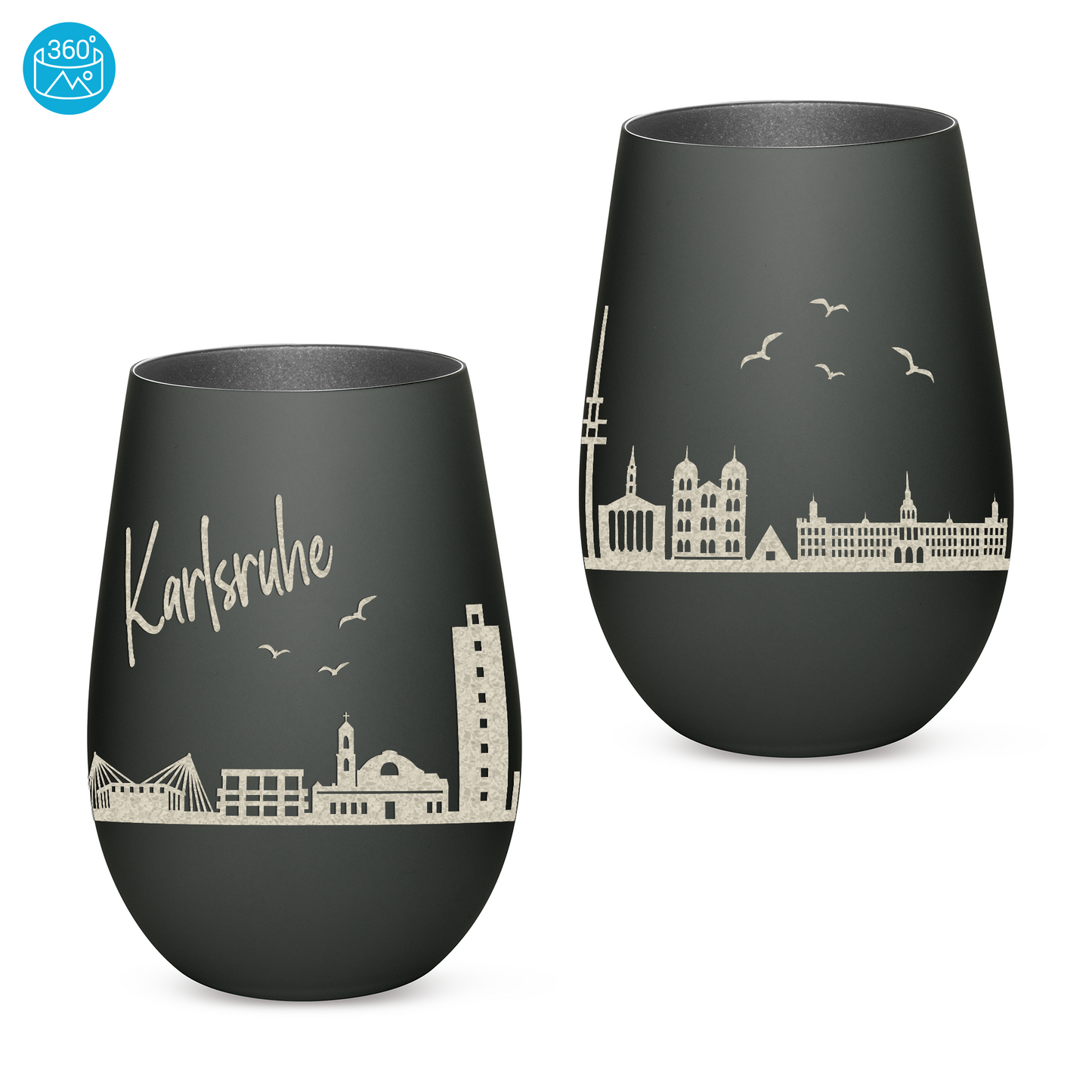 Hochwertiges Glas Windlicht mit Gravur "SKYLINE KARLSRUHE" in der Farbe Schwarz/Silber