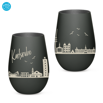 Hochwertiges Glas Windlicht mit Gravur "SKYLINE KARLSRUHE" in der Farbe Schwarz/Silber