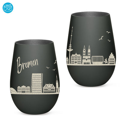 Hochwertiges Glas Windlicht mit Gravur "SKYLINE BREMEN" in der Farbe Schwarz/Silber