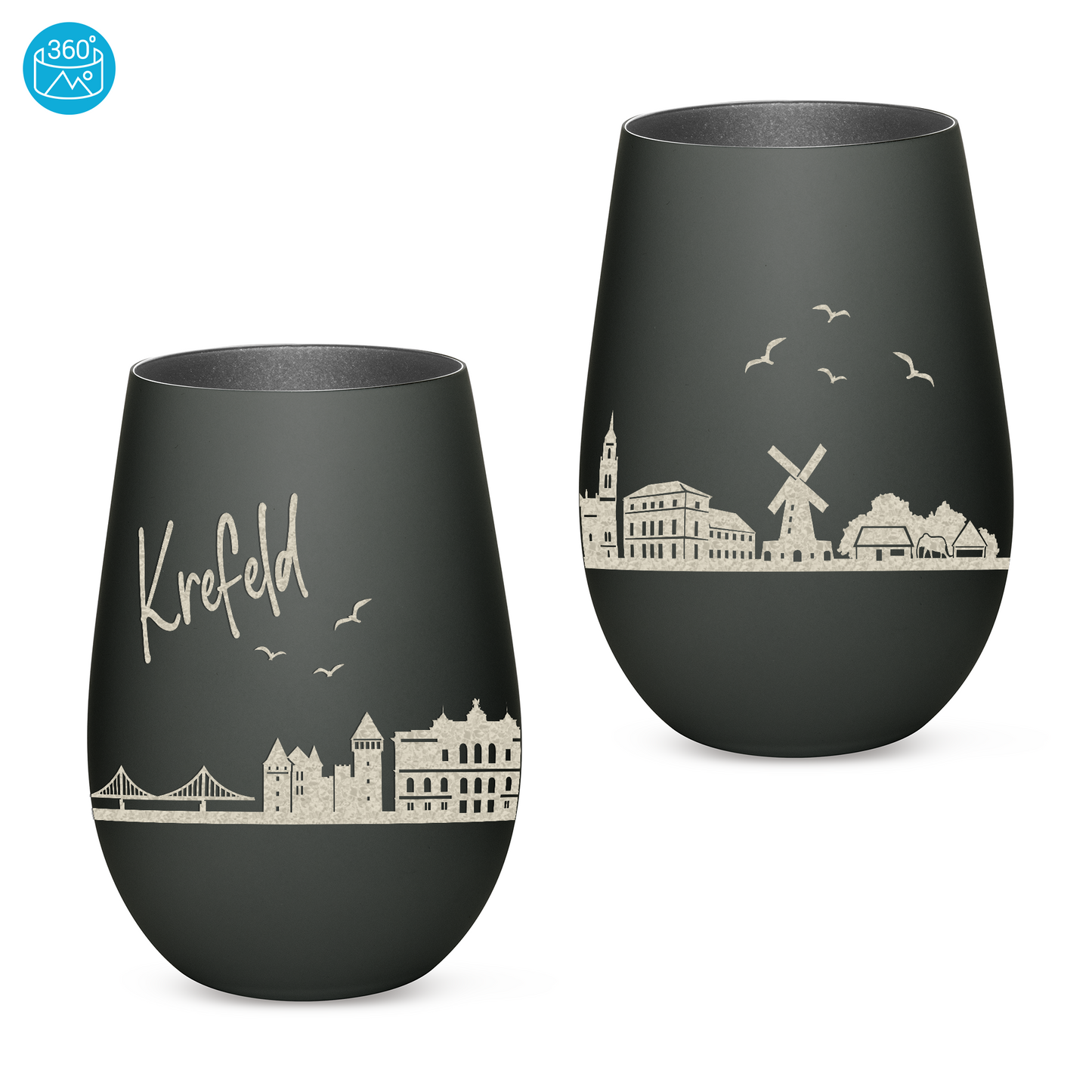 Hochwertiges Glas Windlicht mit Gravur "SKYLINE KREFELD" in der Farbe Schwarz/Silber