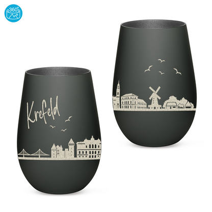Hochwertiges Glas Windlicht mit Gravur "SKYLINE KREFELD" in der Farbe Schwarz/Silber
