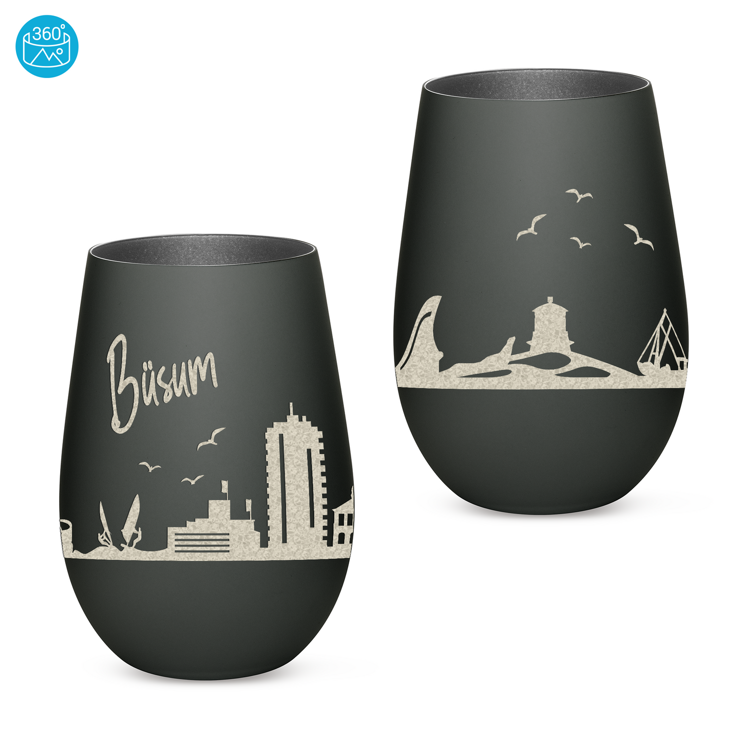 Hochwertiges Glas Windlicht mit Gravur "SKYLINE BÜSUM" in der Farbe Schwarz/Silber