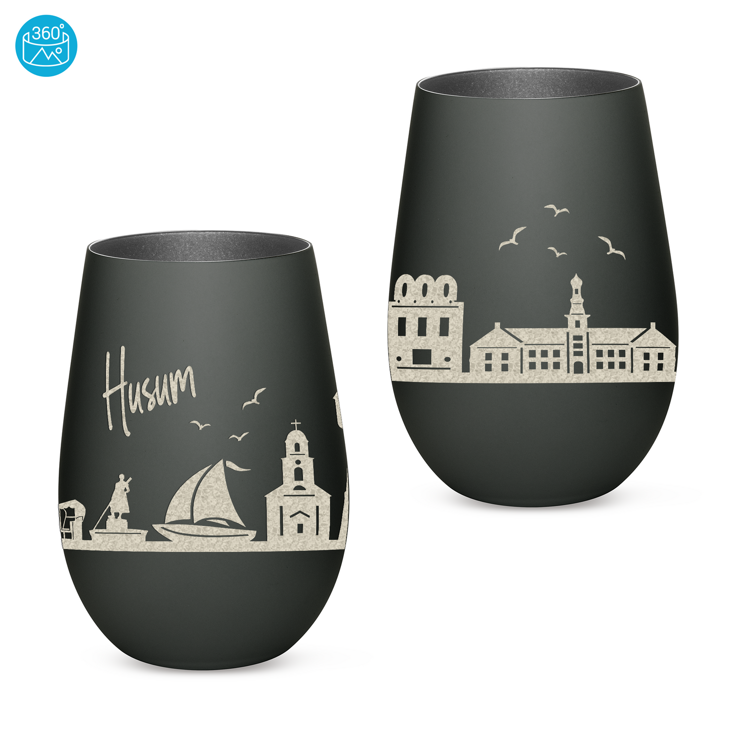 Hochwertiges Glas Windlicht mit Gravur "SKYLINE HUSUM" in der Farbe Schwarz/Silber