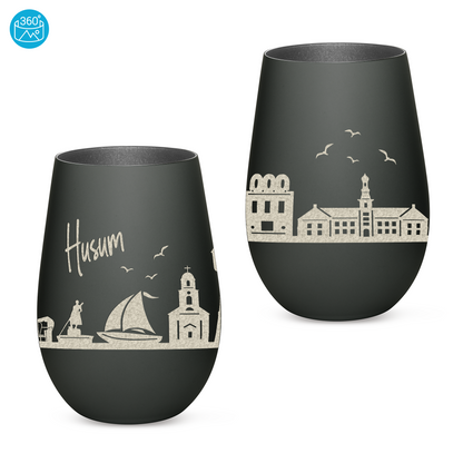 Hochwertiges Glas Windlicht mit Gravur "SKYLINE HUSUM" in der Farbe Schwarz/Silber