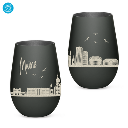 Hochwertiges Glas Windlicht mit Gravur "SKYLINE MAINZ" in der Farbe Schwarz/Silber