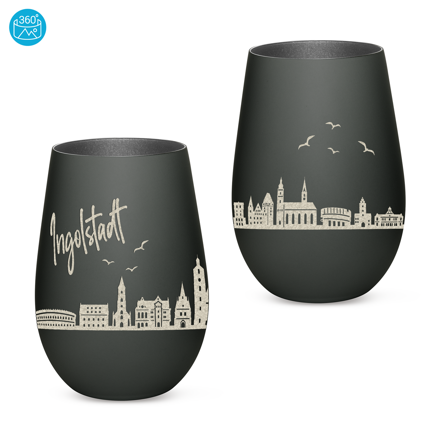 Hochwertiges Glas Windlicht mit Gravur "SKYLINE INGOLSTADT" in der Farbe Schwarz/Silber