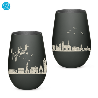 Hochwertiges Glas Windlicht mit Gravur "SKYLINE INGOLSTADT" in der Farbe Schwarz/Silber