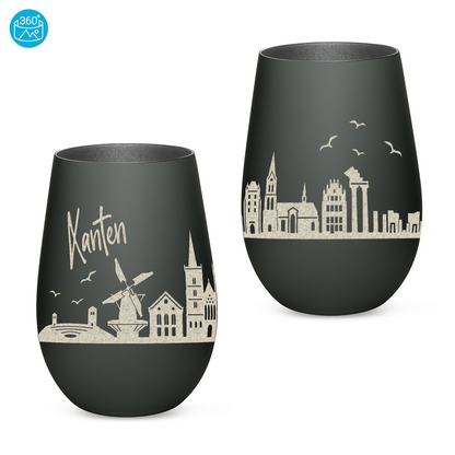 Hochwertiges Glas Windlicht mit Gravur "SKYLINE XANTEN" in der Farbe Schwarz/Silber