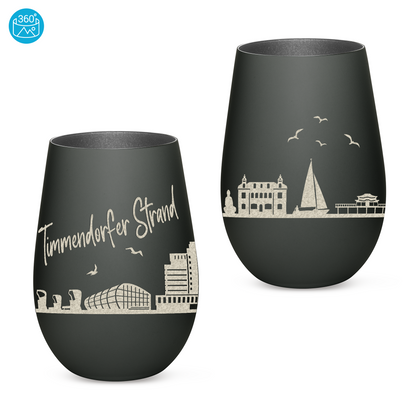Hochwertiges Glas Windlicht mit Gravur "SKYLINE TIMMENDORFER STRAND" in der Farbe Schwarz/Silber