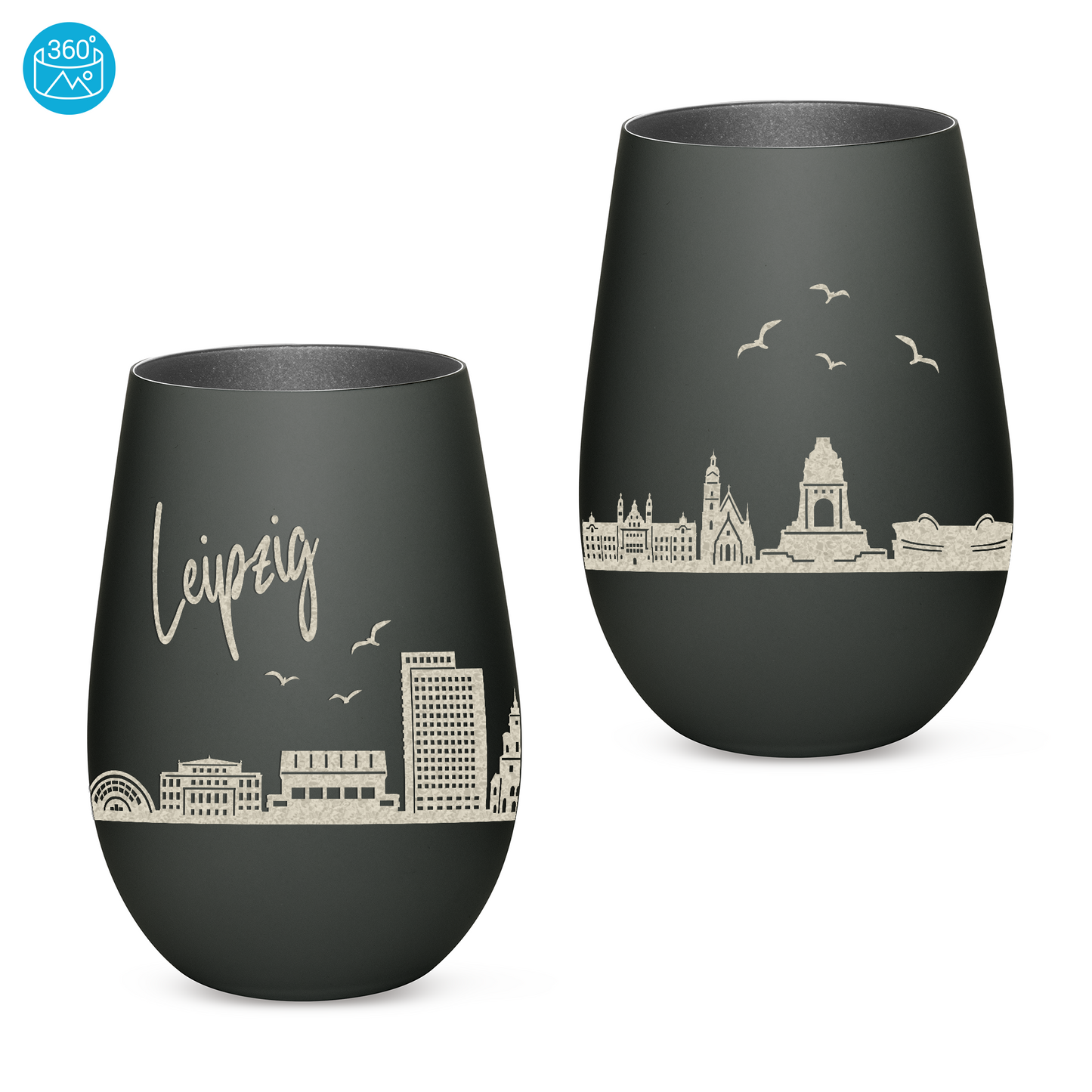 Hochwertiges Glas Windlicht mit Gravur "SKYLINE LEIPZIG" in der Farbe Schwarz/Silber