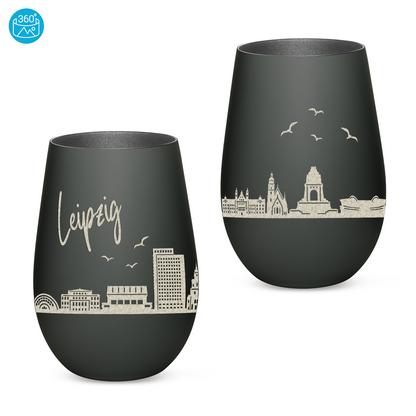 Hochwertiges Glas Windlicht mit Gravur "SKYLINE LEIPZIG" in der Farbe Schwarz/Silber