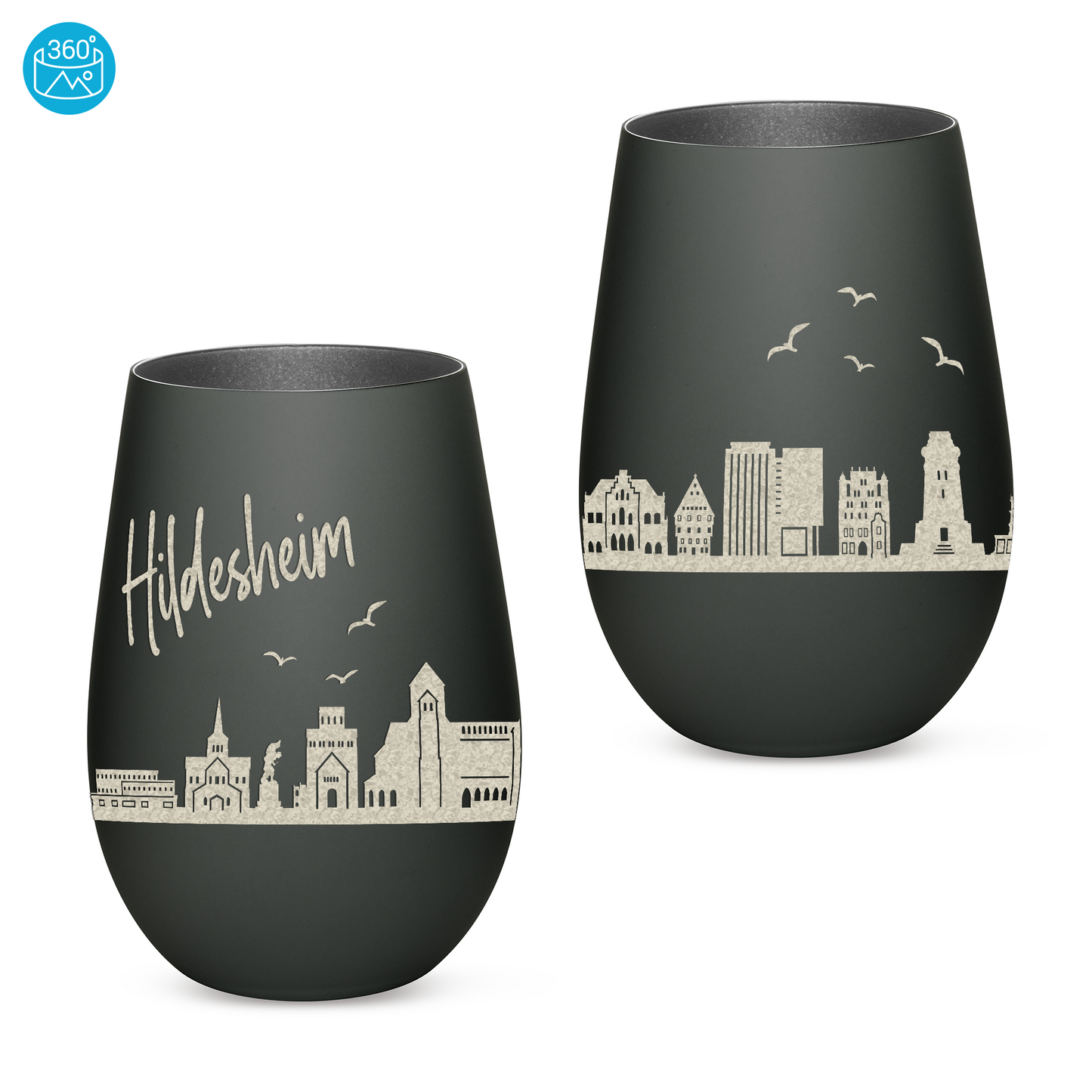 Hochwertiges Glas Windlicht mit Gravur "SKYLINE HILDESHEIM" in der Farbe Schwarz/Silber