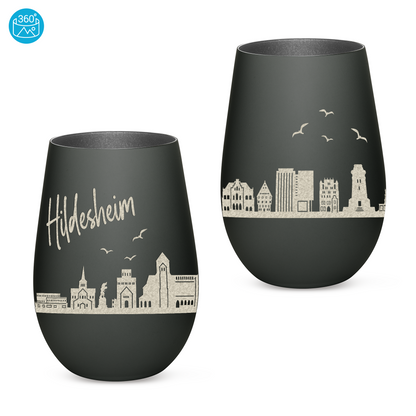 Hochwertiges Glas Windlicht mit Gravur "SKYLINE HILDESHEIM" in der Farbe Schwarz/Silber