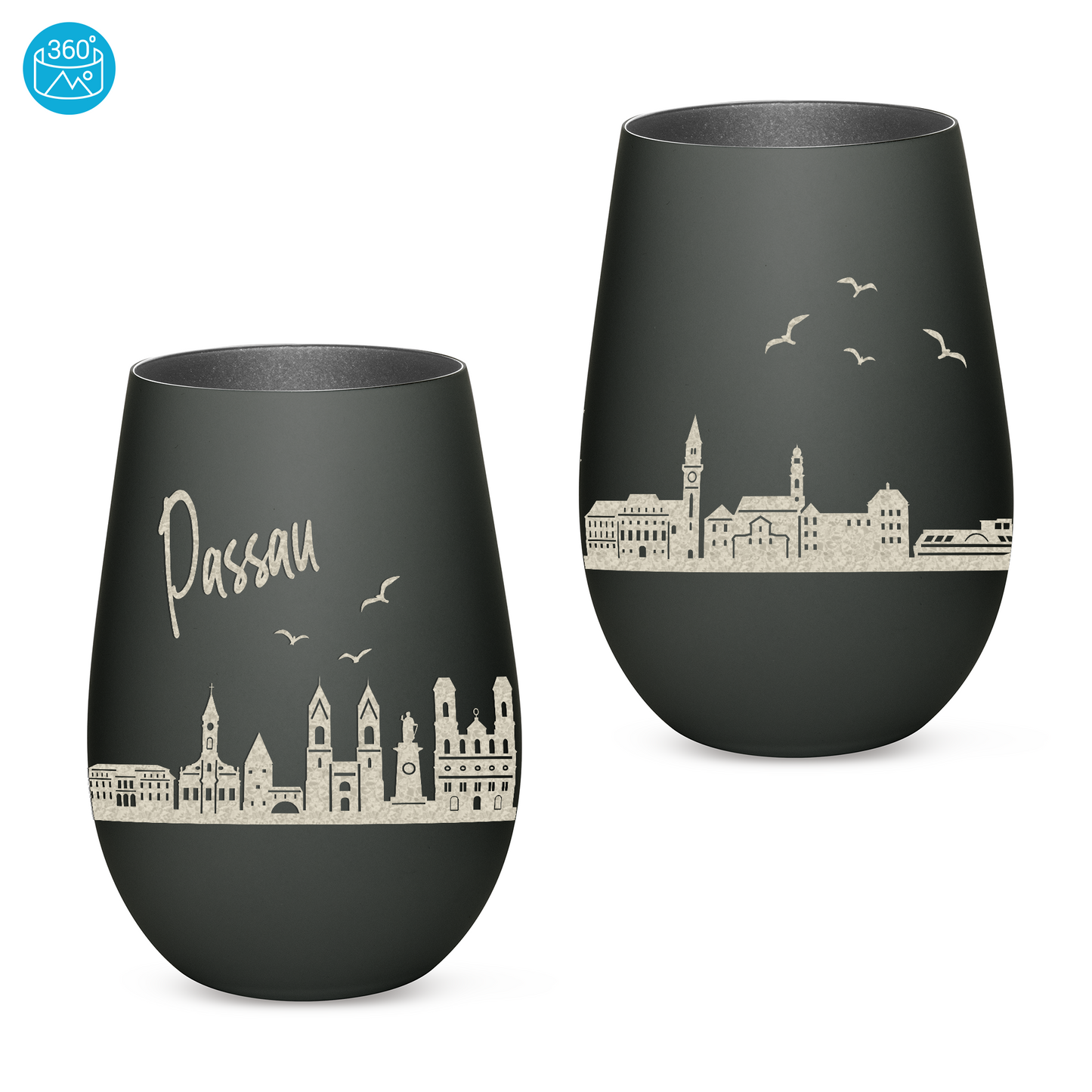 Hochwertiges Glas Windlicht mit Gravur "SKYLINE PASSAU" in der Farbe Schwarz/Silber