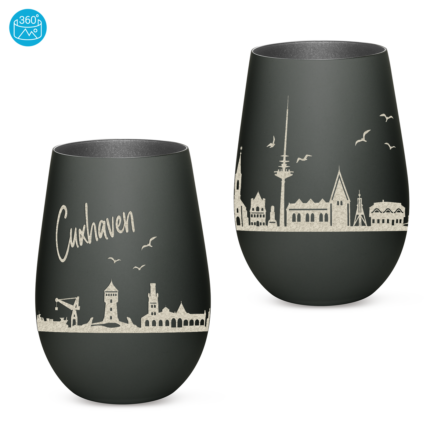 Hochwertiges Glas Windlicht mit Gravur "SKYLINE CUXHAVEN" in der Farbe Schwarz/Silber