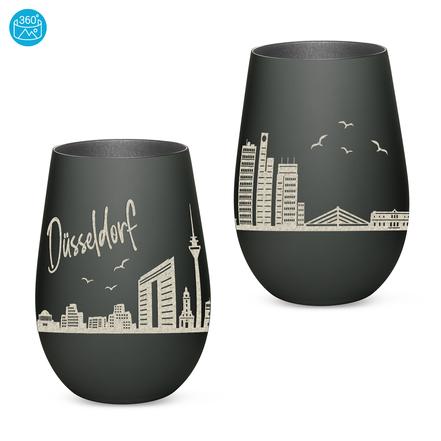 Hochwertiges Glas Windlicht mit Gravur "SKYLINE DÜSSELDORF" in der Farbe Schwarz/Silber