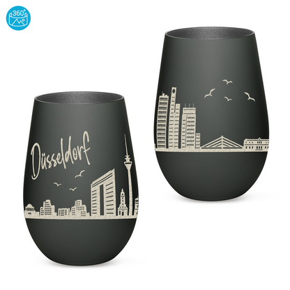 Hochwertiges Glas Windlicht mit Gravur "SKYLINE DÜSSELDORF" in der Farbe Schwarz/Silber