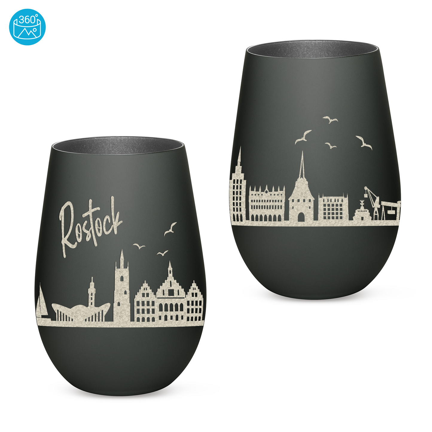 Hochwertiges Glas Windlicht mit Gravur "SKYLINE ROSTOCK" in der Farbe Schwarz/Silber