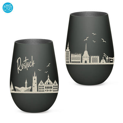 Hochwertiges Glas Windlicht mit Gravur "SKYLINE ROSTOCK" in der Farbe Schwarz/Silber