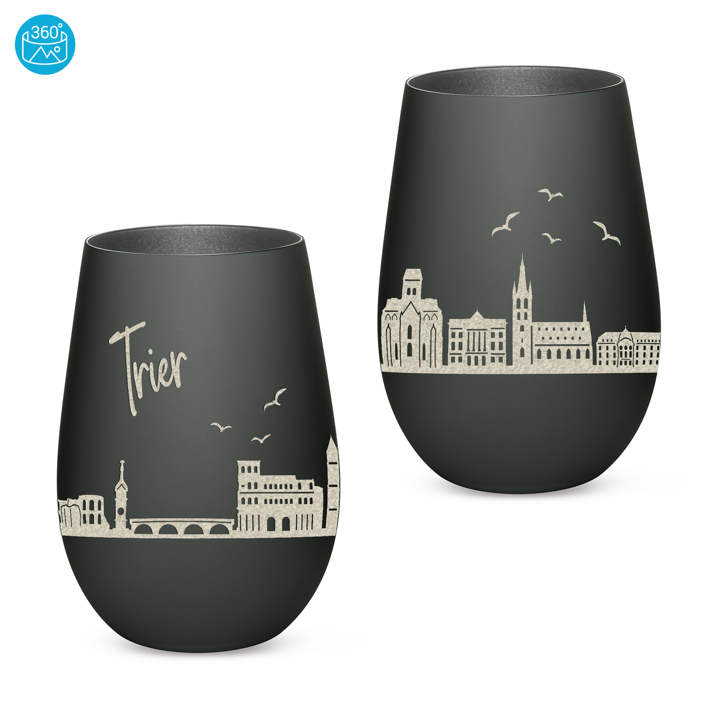 Hochwertiges Glas Windlicht mit Gravur "SKYLINE TRIER" in der Farbe Schwarz/Silber