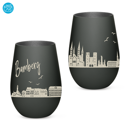 Hochwertiges Glas Windlicht mit Gravur "SKYLINE BAMBERG" in der Farbe Schwarz/Silber