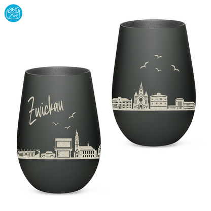 Hochwertiges Glas Windlicht mit Gravur "SKYLINE ZWICKAU" in der Farbe Schwarz/Silber