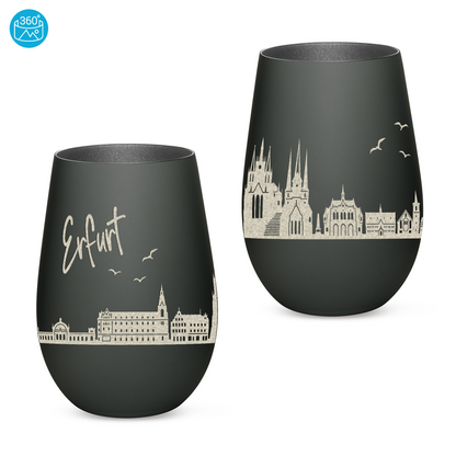 Hochwertiges Glas Windlicht mit Gravur "SKYLINE ERFURT" in der Farbe Schwarz/Silber