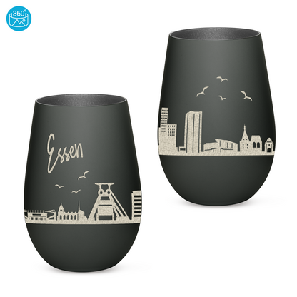 Hochwertiges Glas Windlicht mit Gravur "SKYLINE ESSEN" in der Farbe Schwarz/Silber