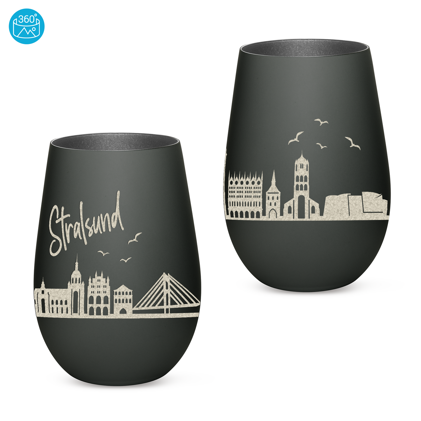 Hochwertiges Glas Windlicht mit Gravur "SKYLINE STRALSUND" in der Farbe Schwarz/Silber