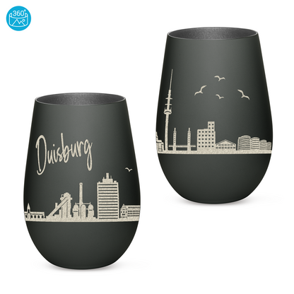 Hochwertiges Glas Windlicht mit Gravur "SKYLINE DUISBURG" in der Farbe Schwarz/Silber