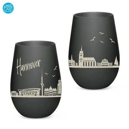 Hochwertiges Glas Windlicht mit Gravur "SKYLINE HANNOVER" in der Farbe Schwarz/Silber