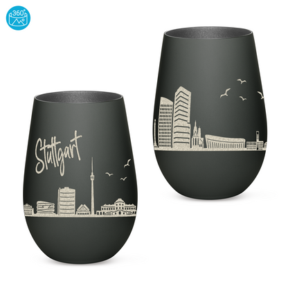 Hochwertiges Glas Windlicht mit Gravur "SKYLINE STUTTGART" in der Farbe Schwarz/Silber
