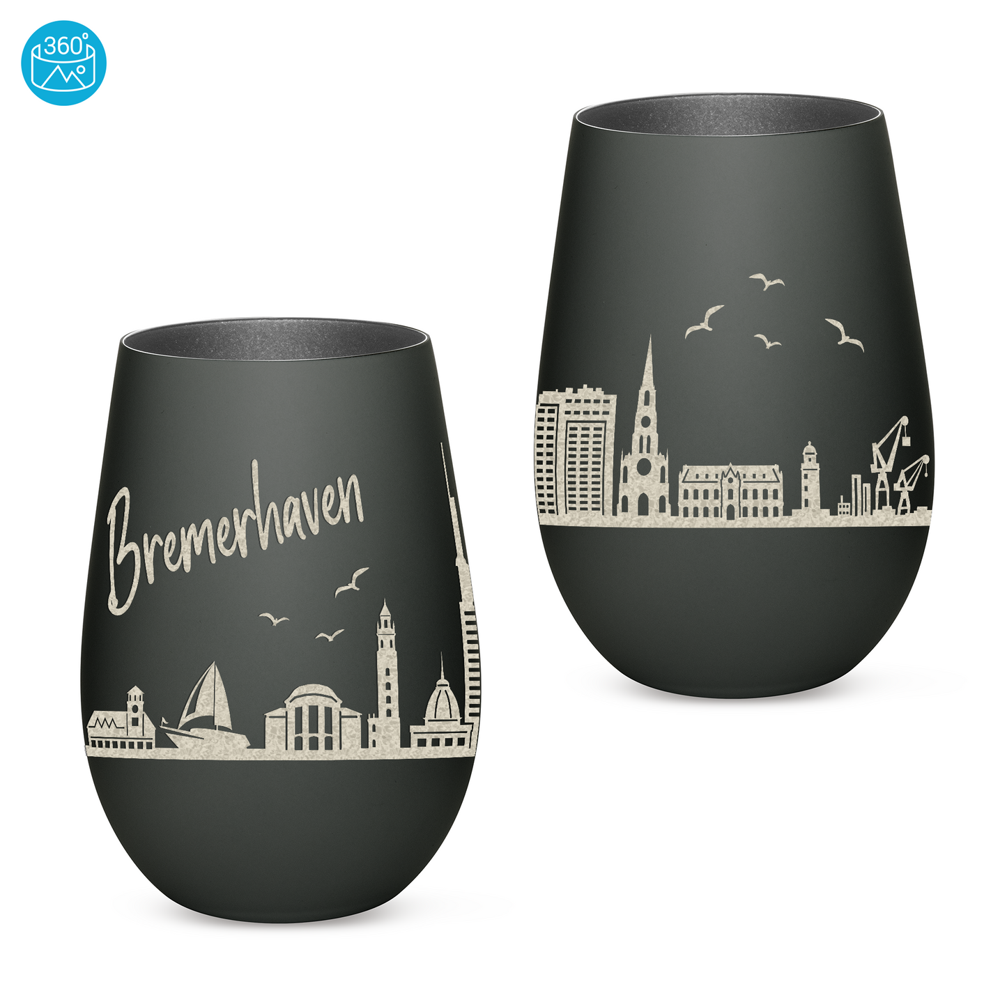 Hochwertiges Glas Windlicht mit Gravur "SKYLINE BREMERHAVEN" in der Farbe Schwarz/Silber