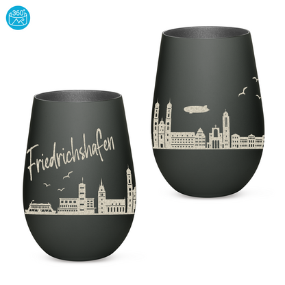 Hochwertiges Glas Windlicht mit Gravur "SKYLINE FRIEDRICHSHAFEN" in der Farbe Schwarz/Silber