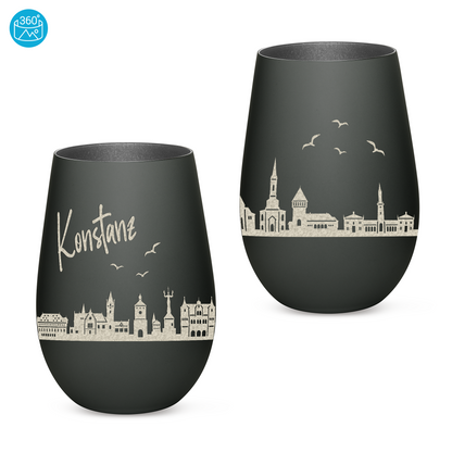 Hochwertiges Glas Windlicht mit Gravur "SKYLINE KONSTANZ" in der Farbe Schwarz/Silber