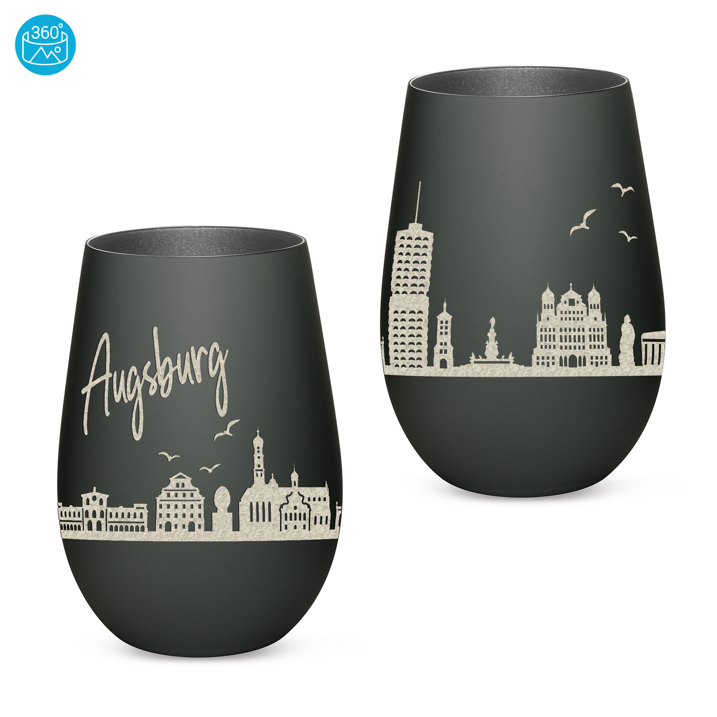 Hochwertiges Glas Windlicht mit Gravur "SKYLINE AUGSBURG" in der Farbe Schwarz/Silber