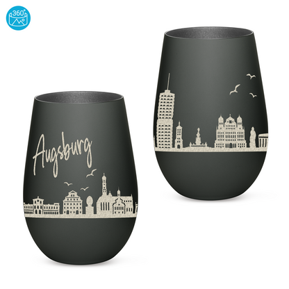 Hochwertiges Glas Windlicht mit Gravur "SKYLINE AUGSBURG" in der Farbe Schwarz/Silber