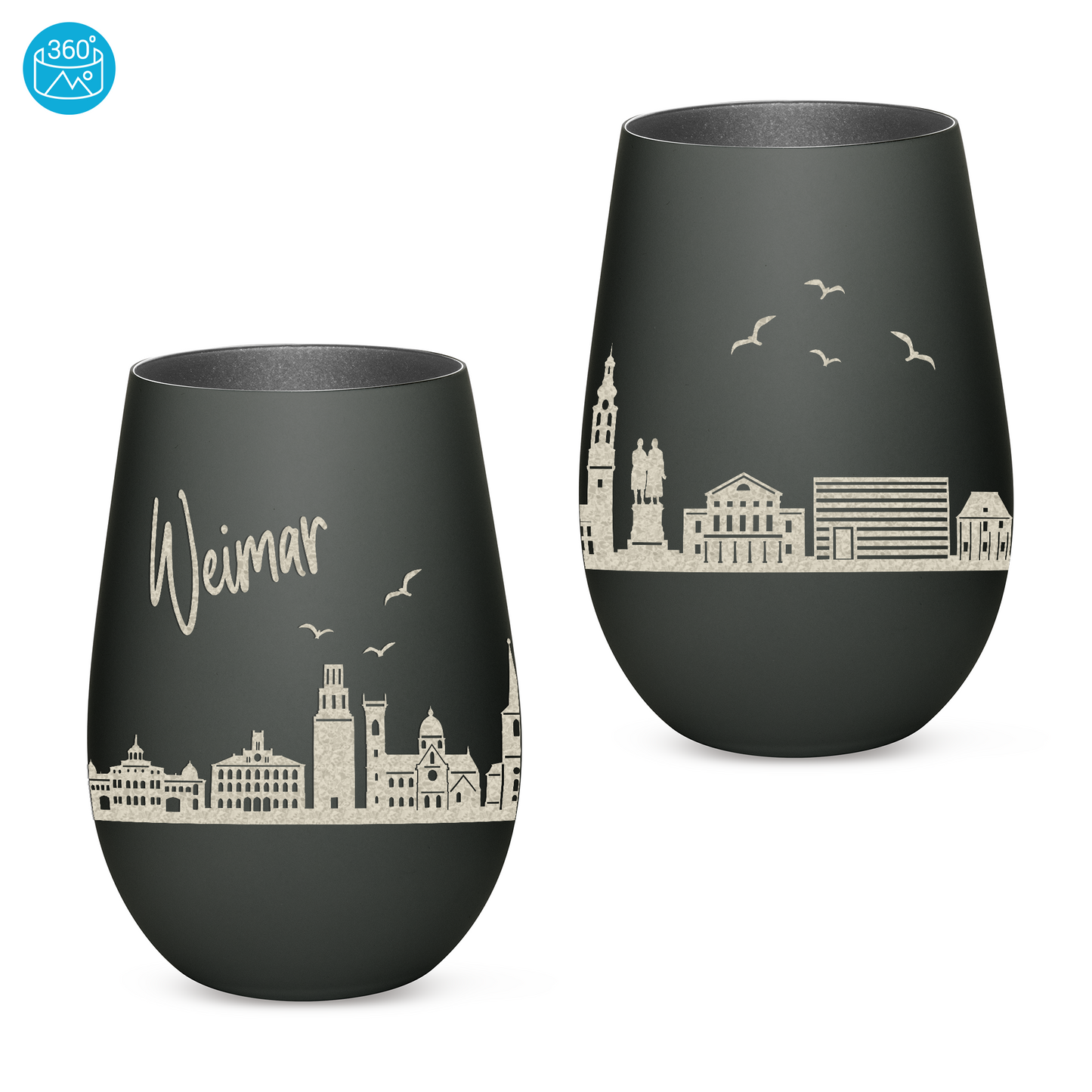 Hochwertiges Glas Windlicht mit Gravur "SKYLINE WEIMAR" in der Farbe Schwarz/Silber