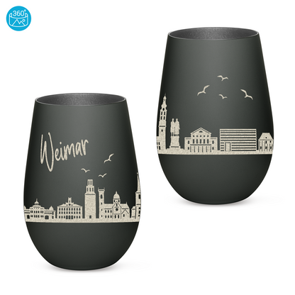 Hochwertiges Glas Windlicht mit Gravur "SKYLINE WEIMAR" in der Farbe Schwarz/Silber