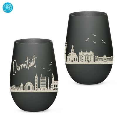 Hochwertiges Glas Windlicht mit Gravur "SKYLINE DARMSTADT" in der Farbe Schwarz/Silber