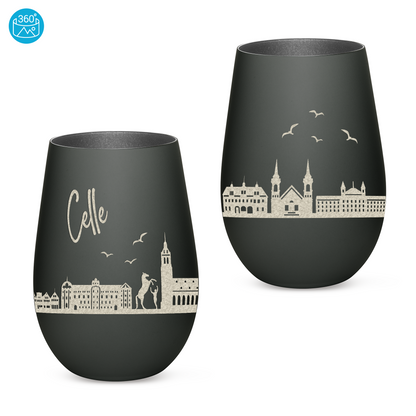 Hochwertiges Glas Windlicht mit Gravur "SKYLINE CELLE" in der Farbe Schwarz/Silber