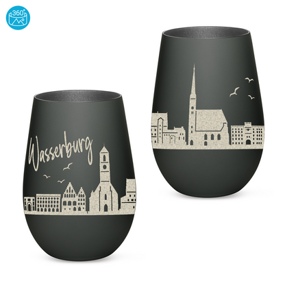 Hochwertiges Glas Windlicht mit Gravur "SKYLINE WASSERBURG" in der Farbe Schwarz/Silber