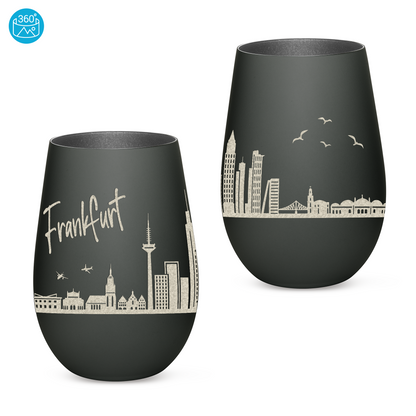 Hochwertiges Glas Windlicht mit Gravur "SKYLINE FRANKFURT" in der Farbe Schwarz/Silber