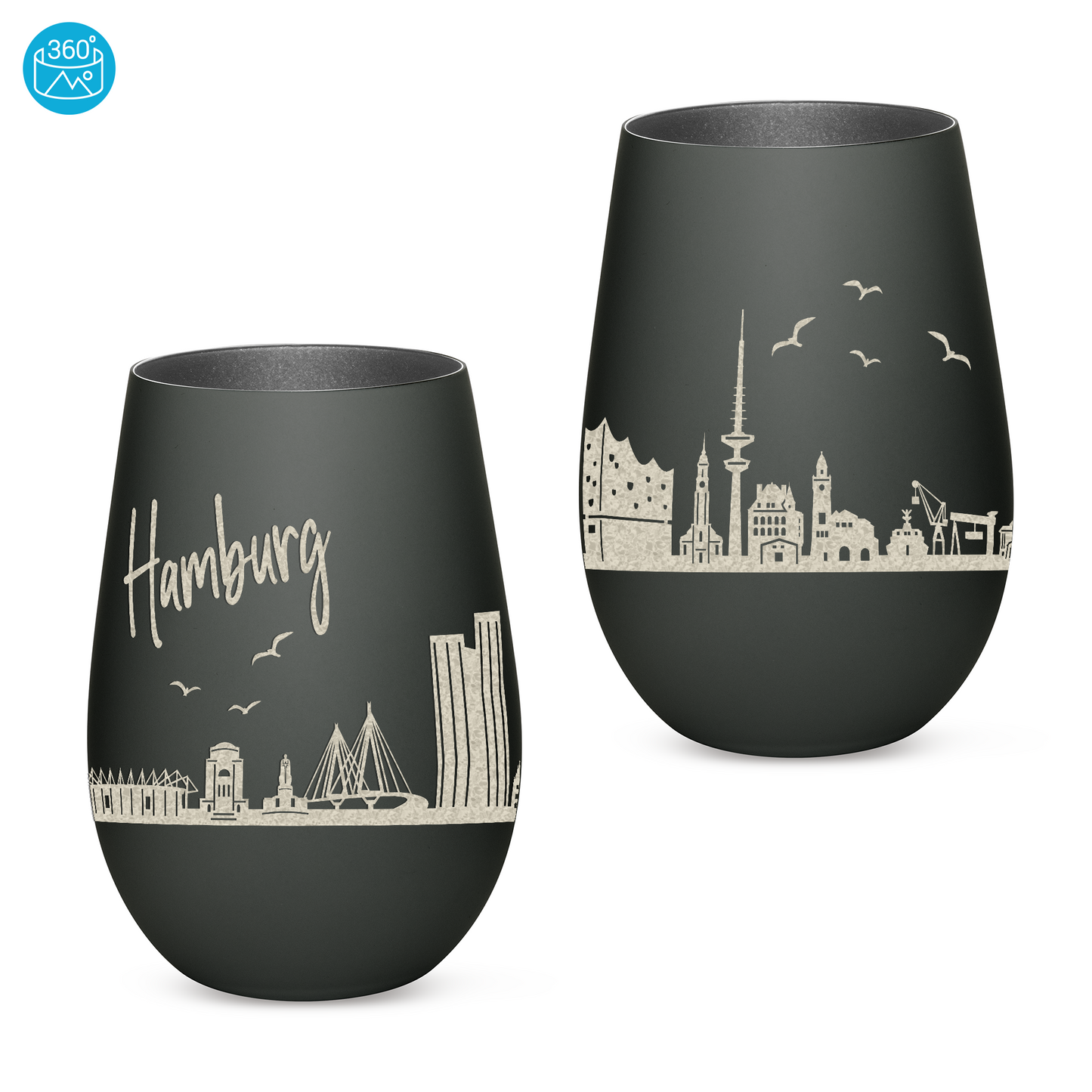 Hochwertiges Glas Windlicht mit Gravur "SKYLINE HAMBURG" in der Farbe Schwarz/Silber