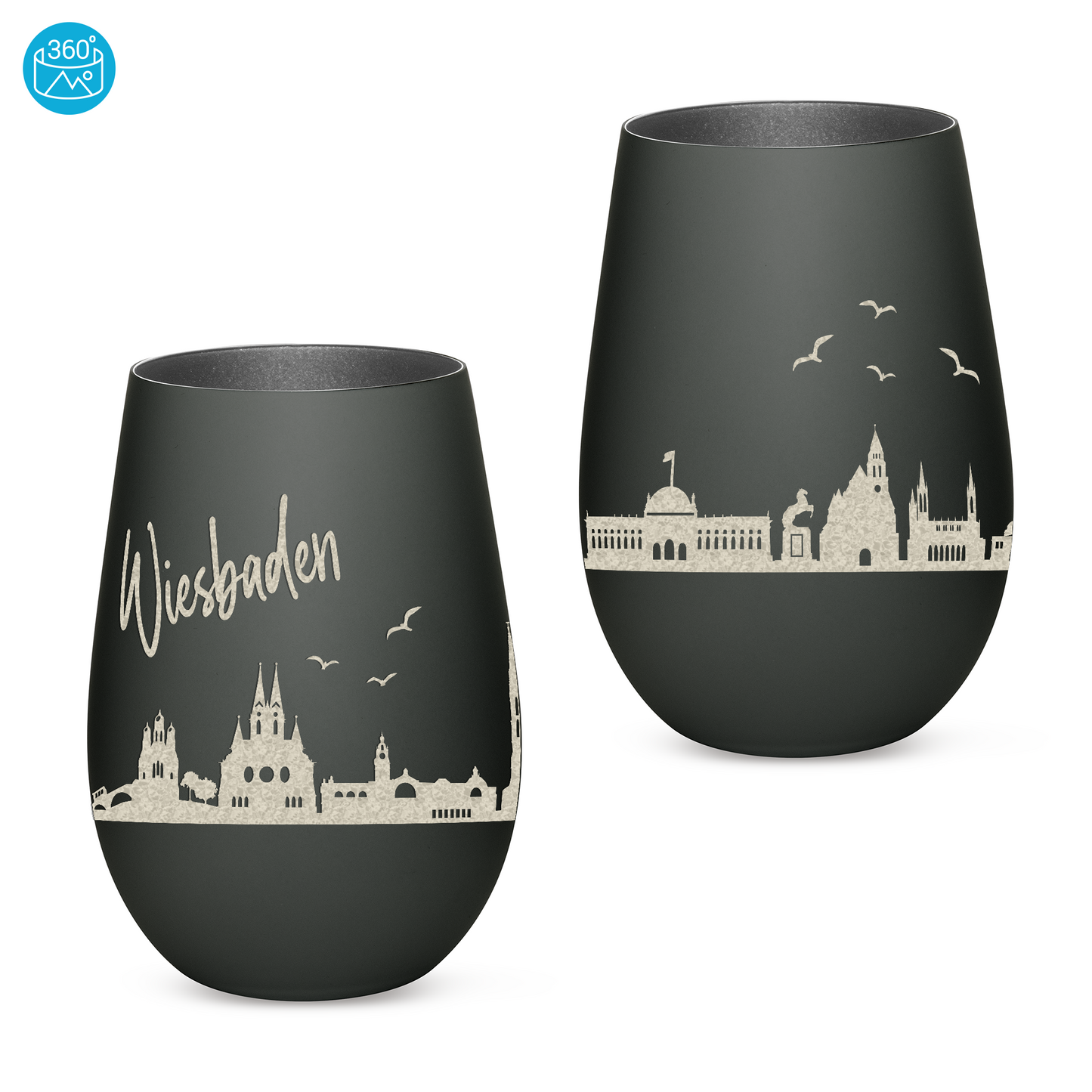 Hochwertiges Glas Windlicht mit Gravur "SKYLINE WIESBADEN" in der Farbe Schwarz/Silber