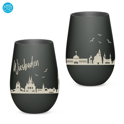 Hochwertiges Glas Windlicht mit Gravur "SKYLINE WIESBADEN" in der Farbe Schwarz/Silber